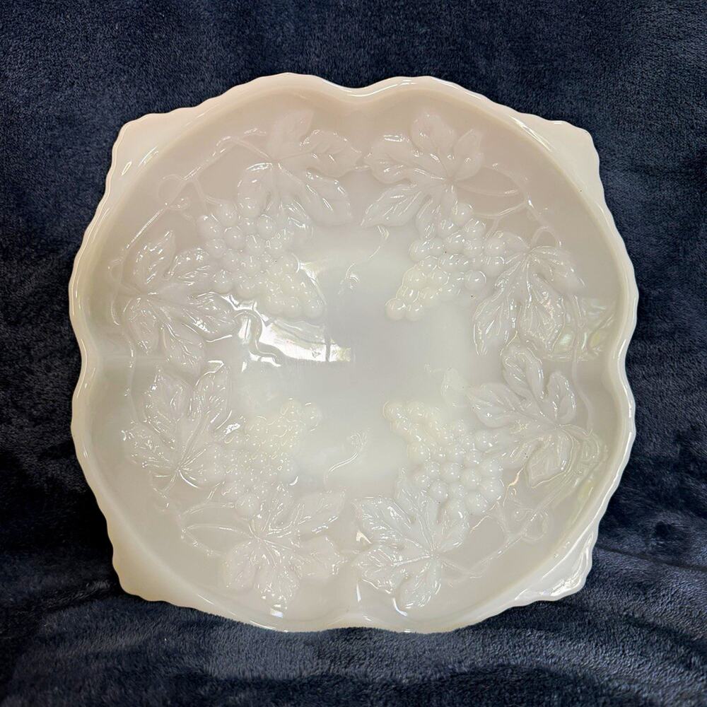 Vintage Anchor Hocking Milk Glass Grape Footed Serving Bowl 10” scalloped edge
